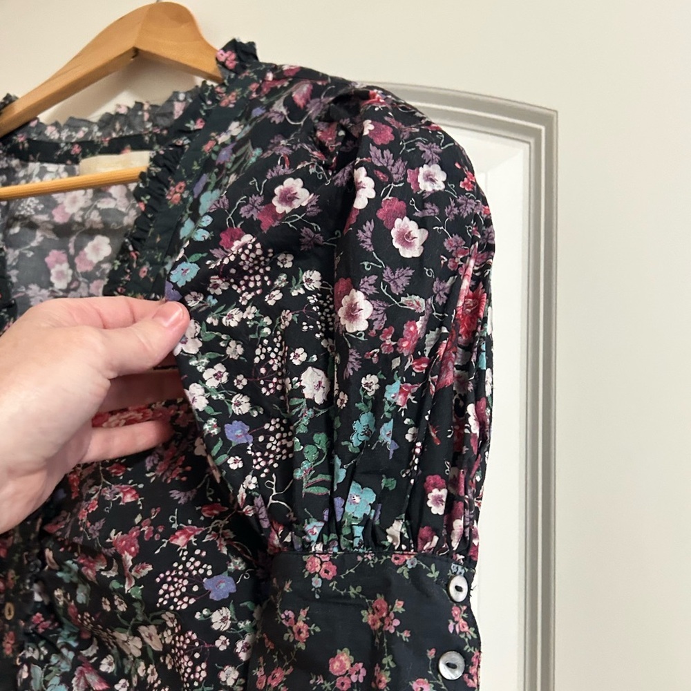 LoveShackFancy Women Black Floral Cotton Puff Sleeve Ruffle V-Neck Blouse Small - Picture 3 of 8